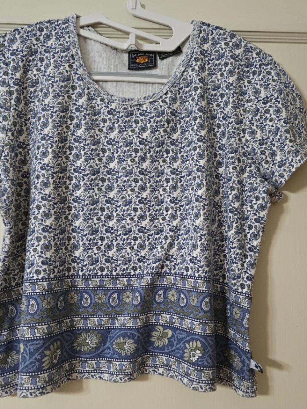 XL Route 66 Stretch Cotton Top 2 Shades of Blue Tiny Flowers Short Sleeve